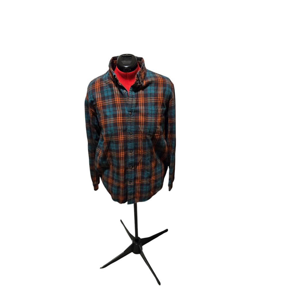 St. John's Bay dark orange and teal long sleeve button up flannel, size large